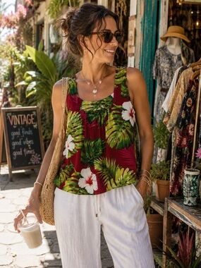 Vintage Tropical Resort Tank Top Red Floral Hawaiian Sz Medium